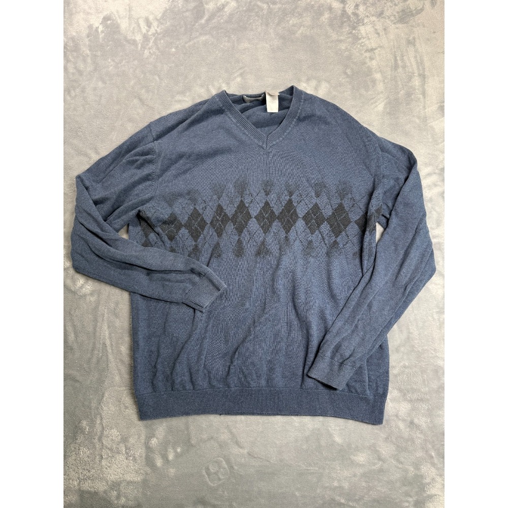 Claiborne Concepts Mens XL Blue Argyle V Neck Long Sleeve Cotton Knit Sweater
